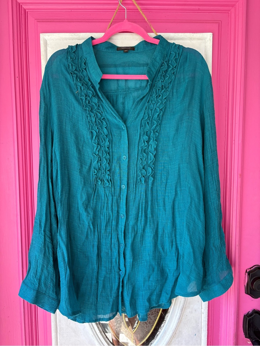 Spense Teal Ruffle-Trim Button Down Blouse
